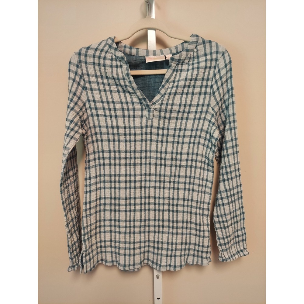 Belle by Kim Gravel Plaid Cotton Gauze‎ Top M Cottage Coastal Picnic Preppy